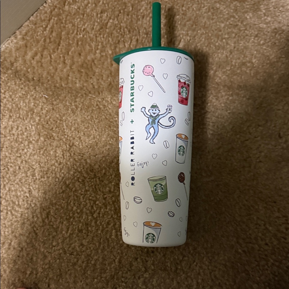 Starbucks Roller Rabbit White Tumbler with Green Straw